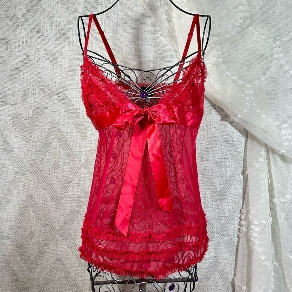 Frederick's of Hollywood red sheer mesh slip dress with ruffles size M